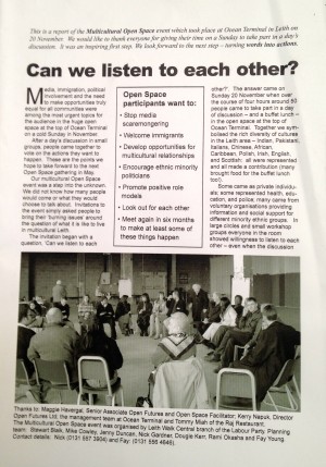 Front page of first Leith Open Space newsletter: Can we Listen to Each Other?