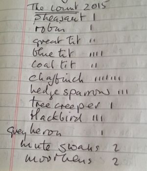 my list handwritten on lined paper starting with pheasant, ending with moorhens and including the tree creeper