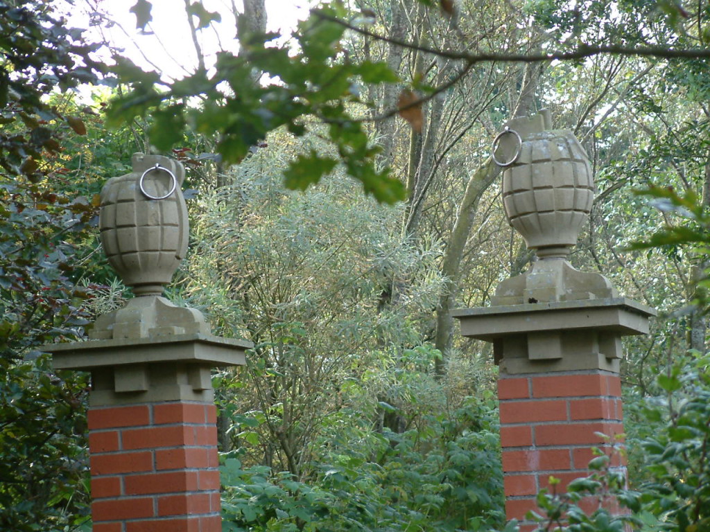 Two grenades top the entrance posts to Little Sparta, Ian Hamilton Finlays garden in the Scottish borders