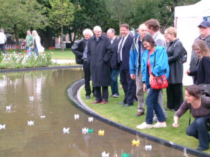 Launching the poetry garden in St Andrew Square with origami lotus blossoms