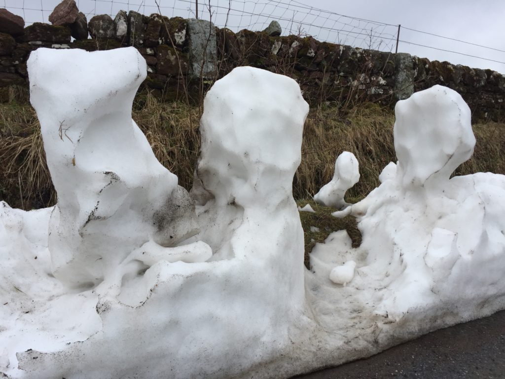 Strangely sculptural forms emerging from roadside snowdrifts as the thaw sets in